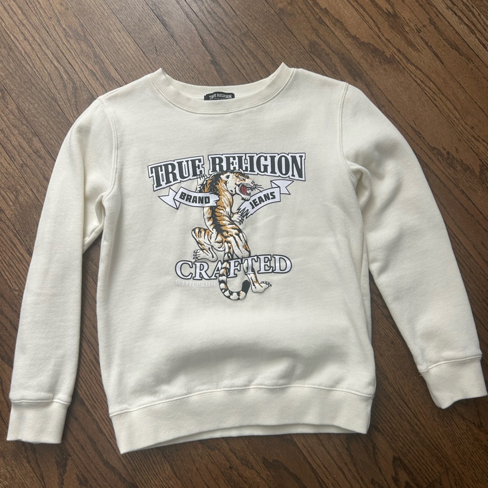 True Religion Kids Cream Graphic Crew Sweatshirt.